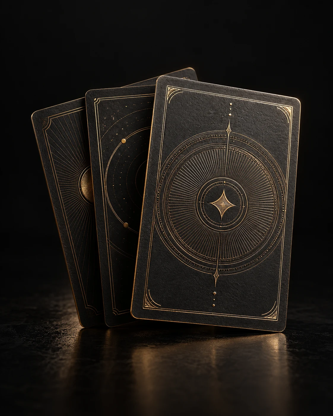 Three finely embossed black collector cards with gold foil detailing.